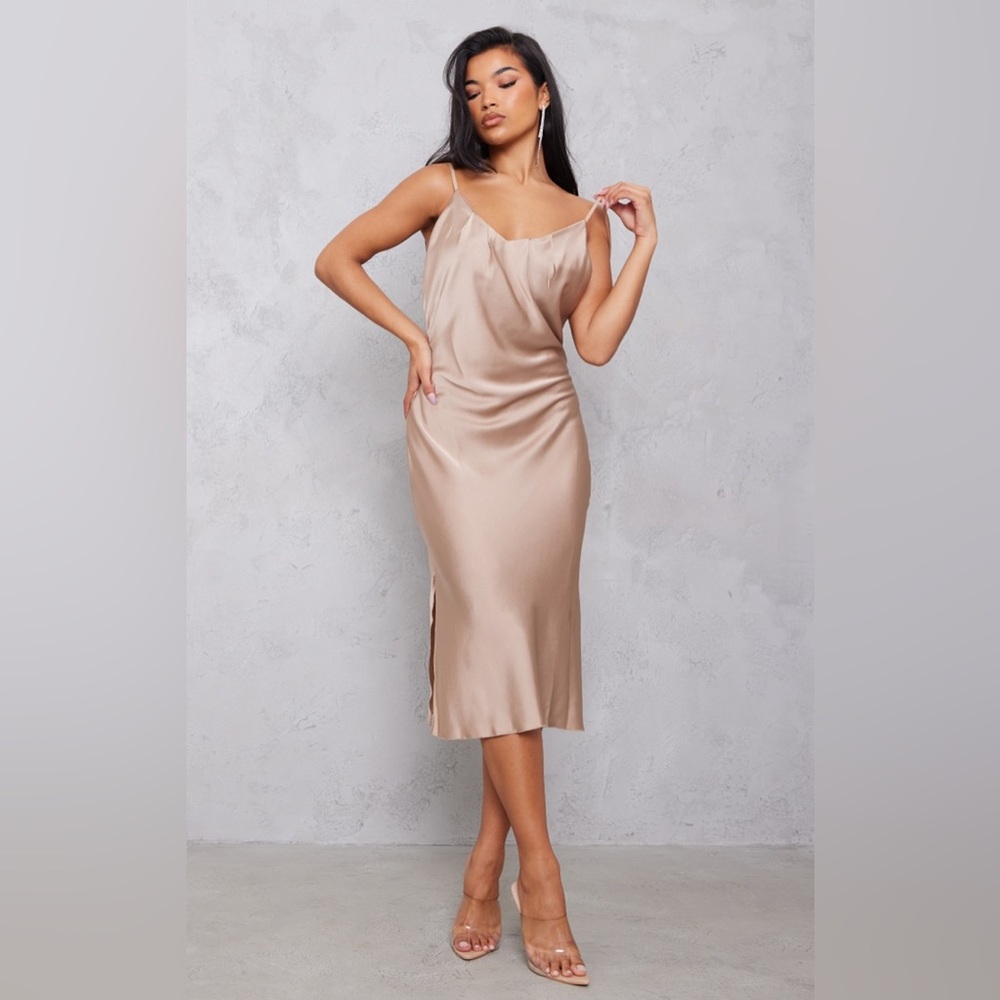 TAUPE SATIN RUCHED BUST BACKLESS MIDI DRESS